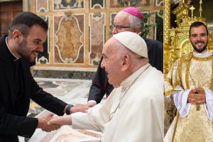 A la izquierda, Benavides Fernández con el Papa Francisco; a la derecha, en el Santuario de la Virgen del Mar.