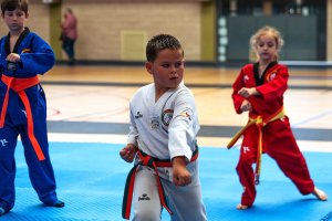 Realizando un movimiento en la clausura del Club de artes marciales.