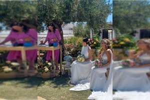 Sonia Ferrer (PSOE) y María del Mar García Lorca (PP), durante su boda. María del Mar Vázquez fue la maestra de ceremonias.