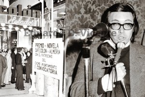 Puerta de entrada al Café Colón en el Paseo de Almería, en la noche de la entrega de los premios de novela el 24 de febrero de 1973. 