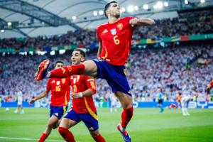 Celebración del gol de Merino frente a Alemania.