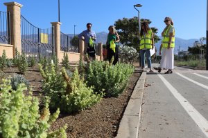 El alcalde visitando unas  jardineras de uno de los parques del municipio.