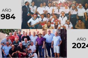 Ayer y hoy del reencuentro de la primera cuadrilla de costaleros de Almería. Foto de Juan José Leal.