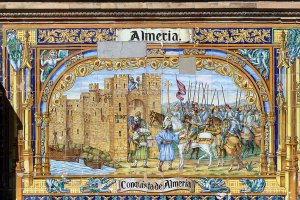 Banco que representa la toma de Almería, en la Plaza de España de Sevilla.