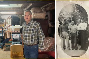 Jesús Marín Navarro, en su taller; a la derecha sus tíos Antonio, Juan (boxeador peso pluma) y Manuel Marín Sánchez, posando en el Parque.