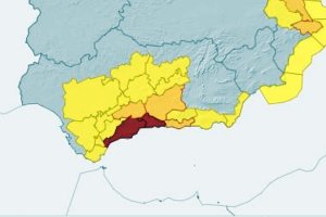 Mapa de Andalucía con las alertas de la Aemet.