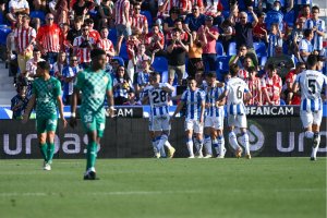 El Leganés celebra uno de sus dos tantos.
