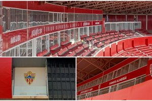 El nuevo aspecto de la Tribuna con los mensajes del Almería.