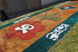 Detalle de una de las alfombras de Tíjola con un Indalo.