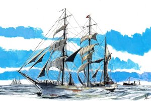 El 'Vicente Suarez' nº 2 en navegación. Acuarela de Roberto Hernández. El Ilustrador de Barcos.