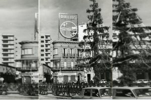 El árbol de Navidad compitiendo en altura con el letrero de Philips del edificio de Vulcano.