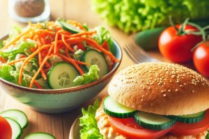 Hamburguesa de pollo y ensalada de lechuga, zanahoria y pepino.

