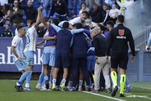 Los jugadores del Málaga celebran el gol marcado al Almería.