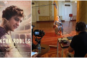 Cartel del documental y David Miralles, director del largometraje, entrevistando a Irene Gálvez en el Círculo.