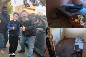 Dos imágenes de la vivienda okupada y, a la izquierda, Hakim y Mohamed junto al responsable de Desokp2 Andalucía.