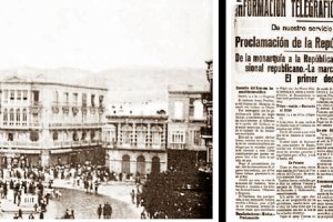 La Puerta Purchena, durante la proclamación de la II República y la portada de La Crónica Meridional de ese día histórico.