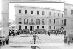 La Plaza de la Catedral hecha un erial y llena de niños en los días de rodaje de la película Patton.