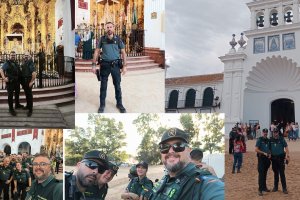 Agentes almerienses de la Guardia Civil en el Rocío, uno de los dispositivos de seguridad más grandes de Europa.