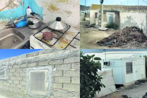 Cuatro imágenes de infraviviendas en casetas de invernaderos y cortijos abandonados de Níjar.