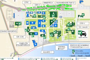 Mapa de distribución de los desfibriladores instalados en el campus de la Universidad de Almería.
