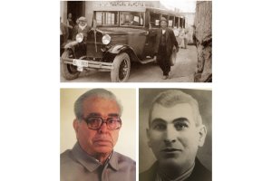 Ramón del Pino Alvarez apoyado en su primer vehículos de pasajeros y al volante su hijo Ramón del Pino Nieto. Debajo, retrato de los dos.