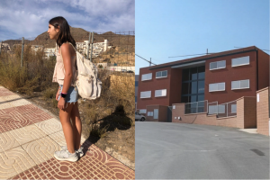 Izquierda, Guadalupe en su camino al instituto con su mochila. Derecha, el IES Mar Mediterráneo