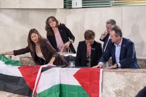 Momento en el que los socialistas colocan las banderas y se marchan del plenario