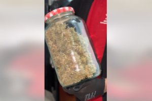Fotograma del video donde muestran un frasco con cogollos de marihuana.