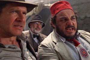 John Rhys-Davies, a la derecha, con Harrison Ford y Sean Connery en una escena rodada en Almería de 'Indiana Jones y la última cruzada'.