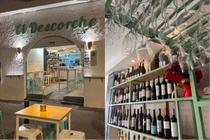 Izquierda, fachada de El Descorche. Derecha, interior del bar de vinos.