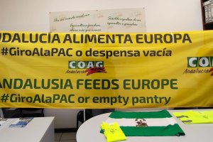 ‘Andalucía alimenta a Europa. #GiroAlaPAC o despensa vacía’ es el lema de la pancarta de cinco metros que COAG Andalucía portará en la manifestación.