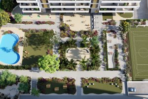 Zonas comunes y áreas verdes del Residencial Oasis.