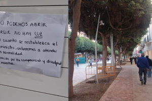 Cartel colgado por una farmacia del Paseo de Almería que no ha podido prestar servicio hoy.