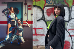 A la izquierda, dos de los diseños de la colección premiada. A la derecha, Astrid Manzanares, la autora.