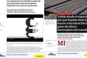 Antes y después: a la izquierda, artículo de The Guardian en 2011 habla de "esclavitud" en el campo almeriense. A la derecha, el publicado el pasado domingo en el mismo diario, en el que elogia el modelo Almería.