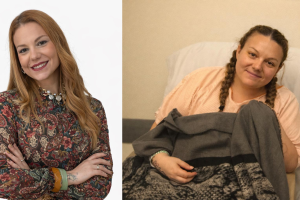 María Dolores Fernández, autora del libro, antes y después del proceso de recuperación de la leucemia.