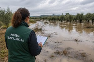 Ingeniera Técnica Agrícola colegiada inspeccionando una zona anegada por las borrascas.