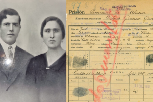 Antonio Guerrero Guerrero, natural de Bédar y represaliado tras la Guerra Civil, junto a su esposa. A la derecha, el informe penitenciario del almeriense.