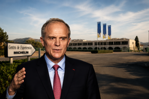Florent Menegaux, presidente del grupo Michelin, en una imagen elaborada con inteligencia artificial con el CEMA de fondo.
