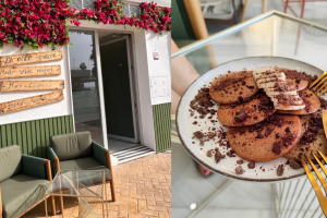 A la izquierda, la fachada de Sansa Healthy Food. A la derecha, las famosas tortitas saludables del establecimiento.