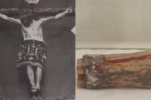 A la izquierda, fotografía de la antigua imagen del Cristo de la Luz; a la derecha, fragmento conservado por la Hermandad.