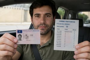 Imagen creada por IA de un conductor sosteniendo su carnet y el cómputo de puntos.