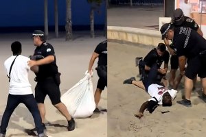 Dos momentos del enfrentamiento entre la Policía Local de Roquetas y los manteros.