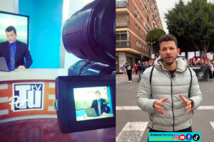Gustavo Herrera, conocido en redes como 'El Hijo de Olga', en su puesto de trabajo como periodista en Venezuela (izq) y de streamer en Almería (drch).