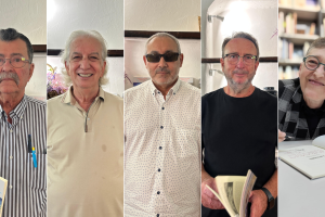 De izquierda a derecha: Francisco Pérez Baldó, José R. Cantalejo, Ginés Bonillo, Antonio Ortega y Carmen López, los autores protagonistas de la primera entrega de 'Narradores Almerienses'.