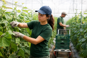 Trabajadores realizando labores agrícolas en un invernadero.