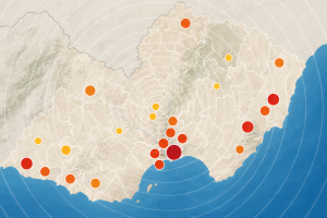 Mapa en el que se recogen los municipios con un mayor riesgo de terremotos en la provincia de Almería.