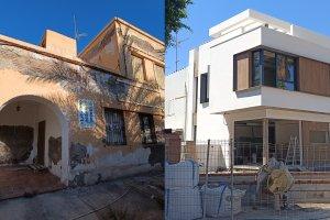 Una de las casas que aún mantiene casi la totalidad de la estética del Ciudad Jardín primigenio y una de las nuevas viviendas que se está construyendo actualmente.