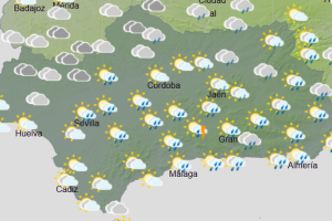 Mapa de Andalucía con la previsión de lluvias para la jornada del sábado