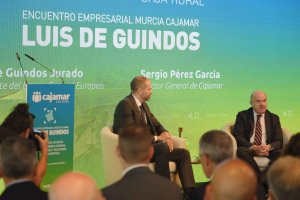Sergio Pérez, director general de Cajamar, y Luis de Guindos, durante el acto.